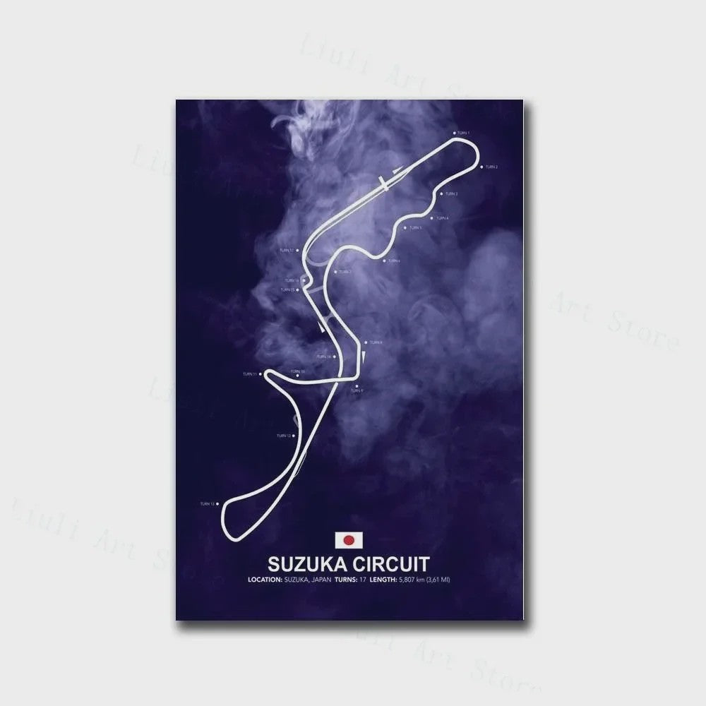 Formule 1 Circuit Poster Canvas - F1 Race Track Kunst Print voor Woonkamer Decoratie