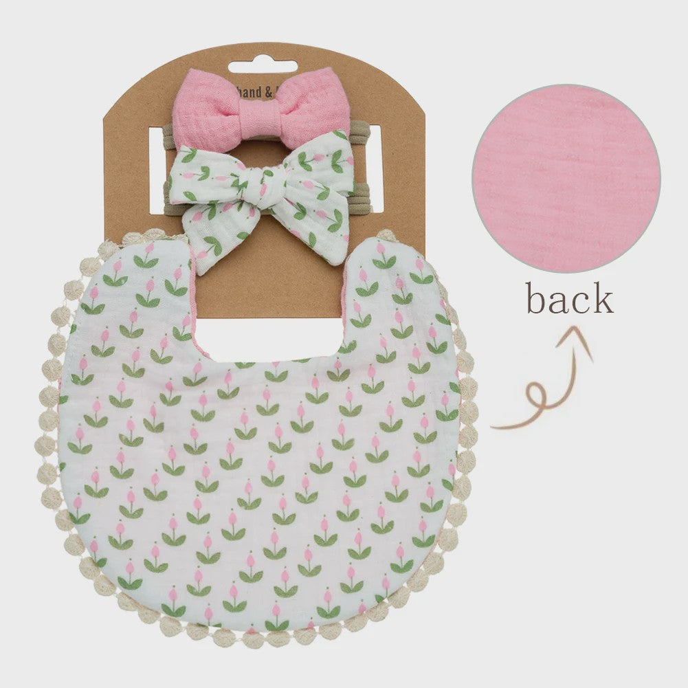 Babyset: 3x Babyluiers met Strik Haarbandjes - Bloemenprint & Pompons