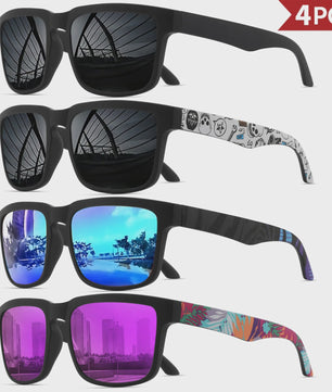 4-delige Set Vierkante Sportzonnebrillen met Designer Tempelpatroon - UV400 Bescherming