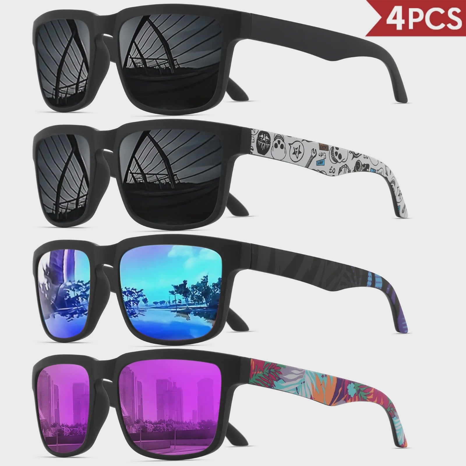 4-delige Set Vierkante Sportzonnebrillen met Designer Tempelpatroon - UV400 Bescherming