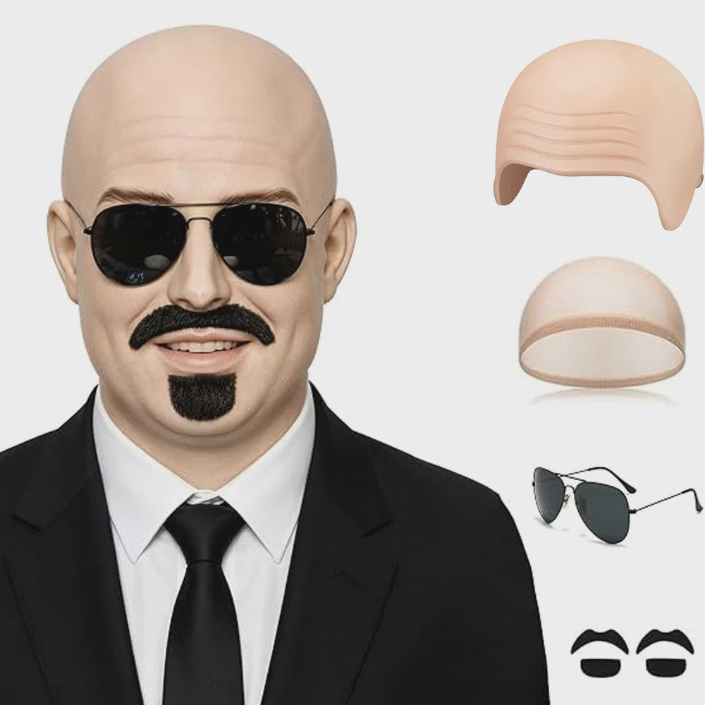 Set van 4 Kale Hoofd Pruikenkapjes & Accessoires voor Cosplay en Feest