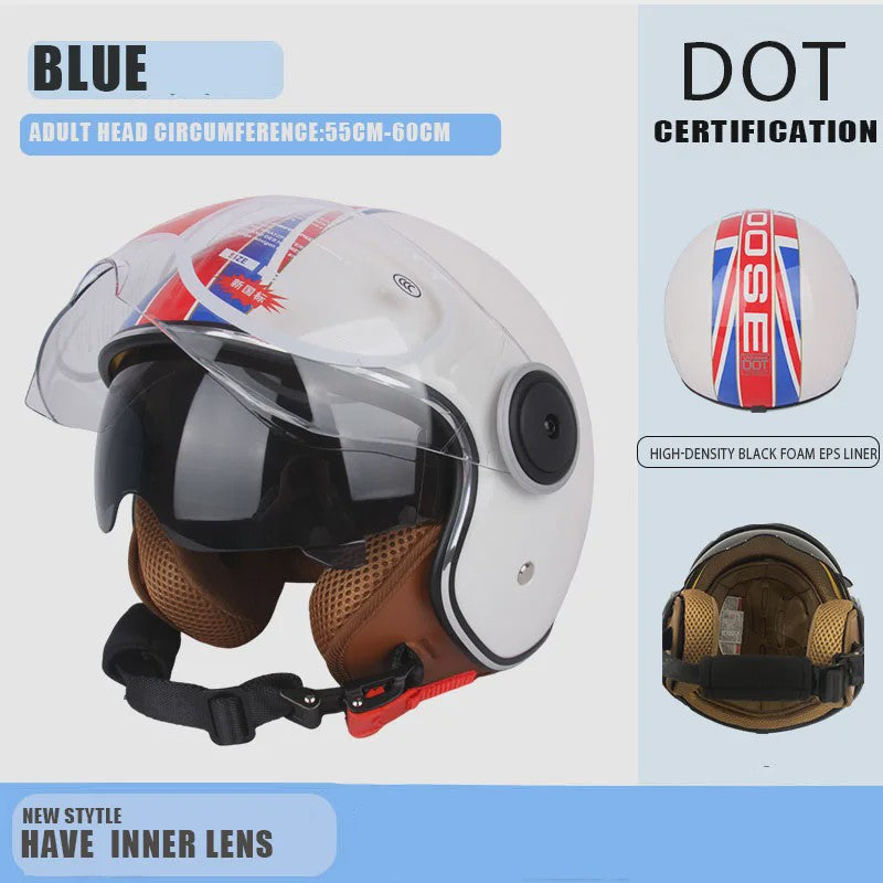 Vintage Open Motorhelm met Dubbel Vizier - DOT Gecertificeerd, Retro Stijl