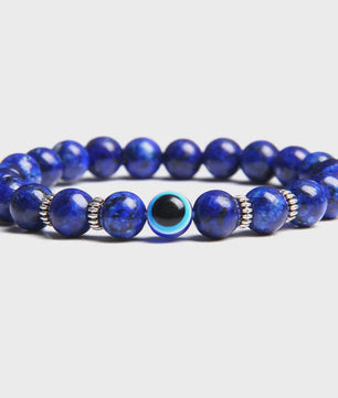 Set van 2 Handgemaakte Natuursteen Armbanden met Hanger Oog van Fatima & Lavasteen/Hematiet