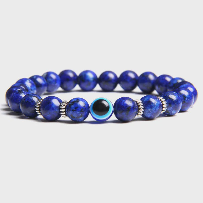Set van 2 Handgemaakte Natuursteen Armbanden met Hanger Oog van Fatima & Lavasteen/Hematiet