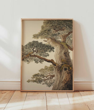 Japanse Kraanvogel Poster - Vintage Ukiyo-e Muurkunst met Rode Zon en Pijnboom