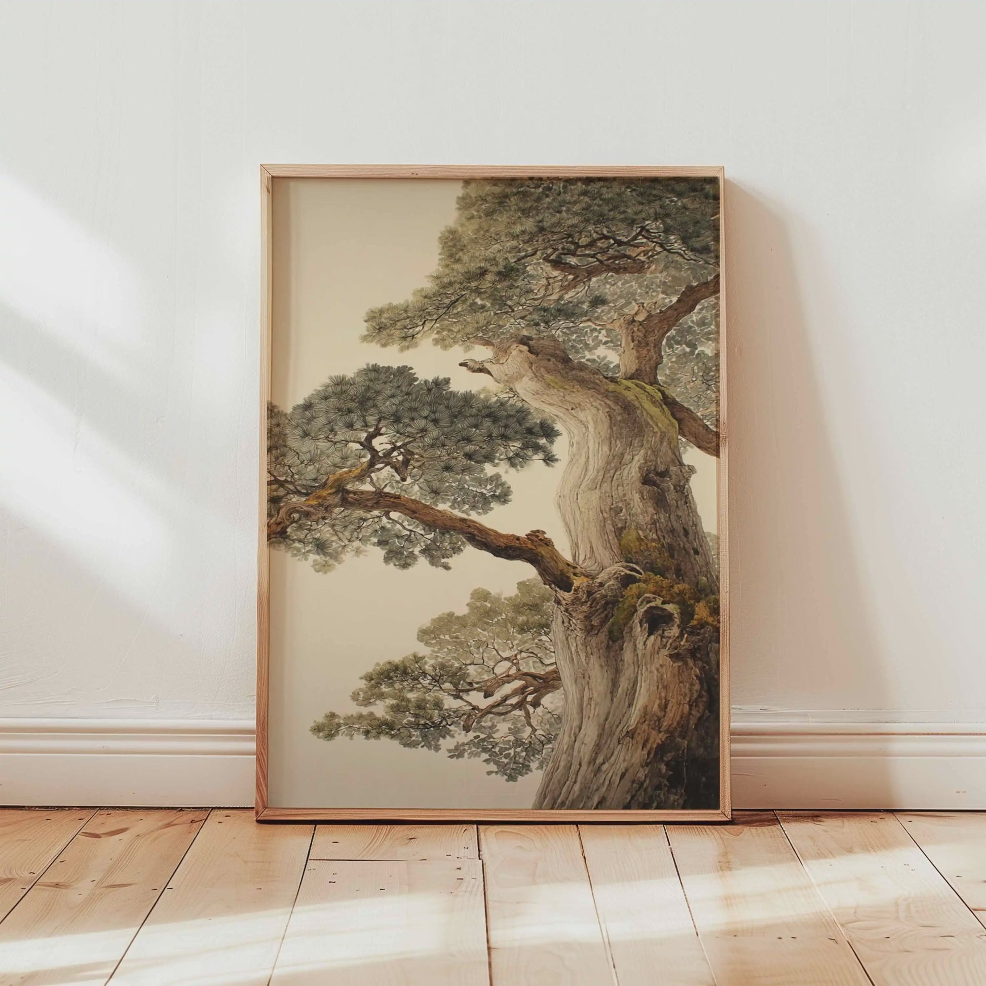 Japanse Kraanvogel Poster - Vintage Ukiyo-e Muurkunst met Rode Zon en Pijnboom