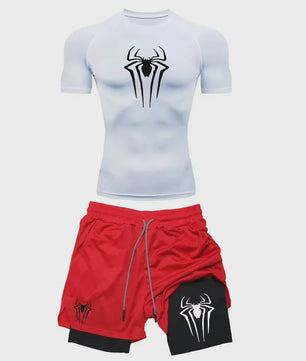 Heren Sport Set: Compressie T-shirt & Short met Spider Print