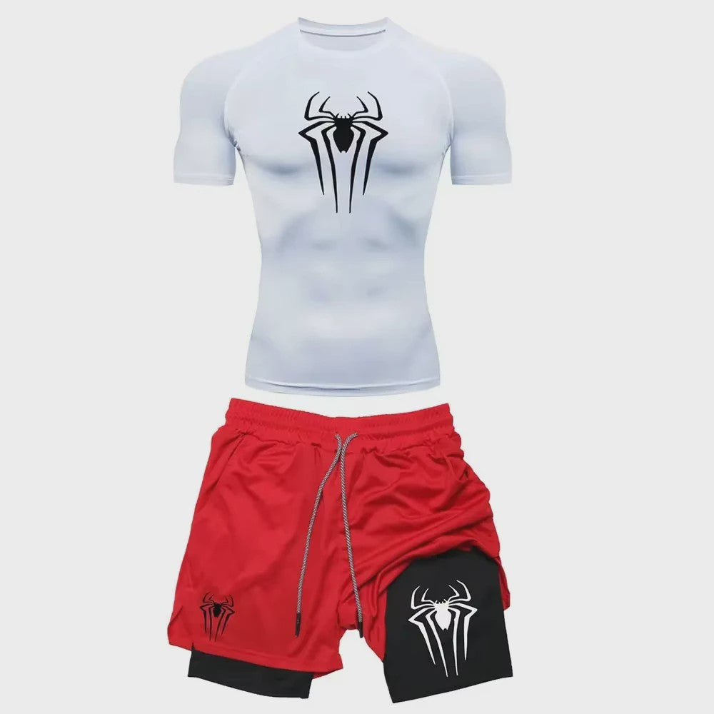 Heren Sport Set: Compressie T-shirt & Short met Spider Print