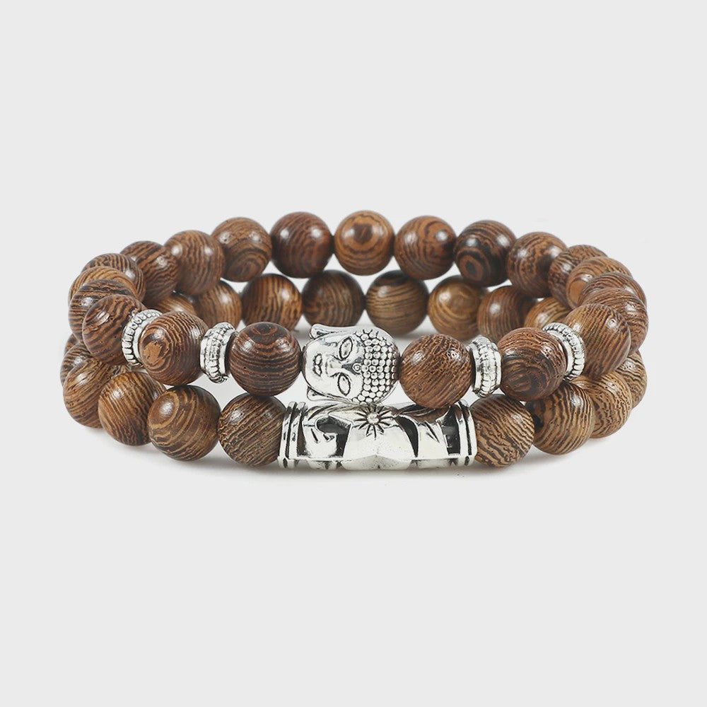 Set van 2 Houten Kralen Armbanden met Buddha & Natuursteen - Meditatie & Spirituele Sieraden