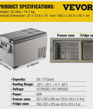 VEVOR Draagbare Vriezer/Koelkast 58 Qt (55L) - Auto, Boot, Outdoor - Snelkoelend