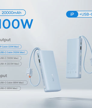 Baseus 145W Powerbank 25000mAh met Ingebouwde Type-C Kabels - Snel Laden voor Laptop, Tablet & Smartphone