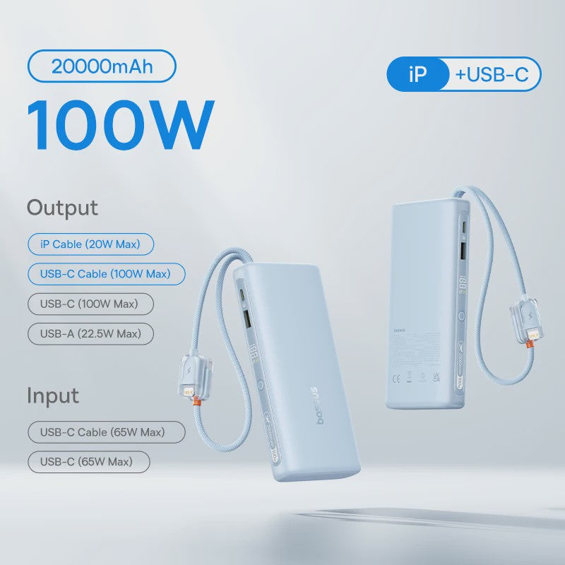 Baseus 145W Powerbank 25000mAh met Ingebouwde Type-C Kabels - Snel Laden voor Laptop, Tablet & Smartphone