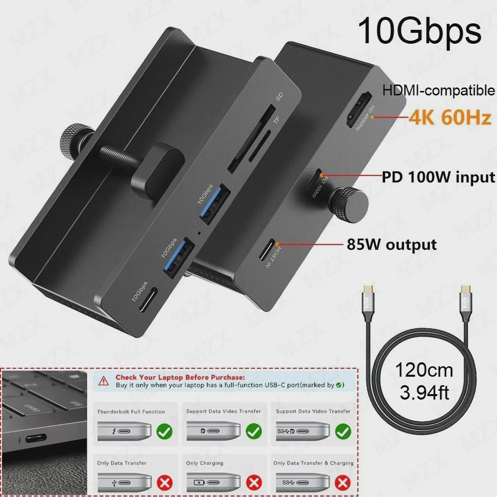 Aluminium USB 3.0/3.2 Hub met Clip: 5Gbps/10Gbps Docking Station voor Monitor & Bureau