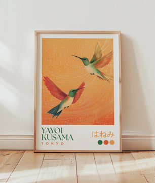 Japanse Kunst Poster: Yayoi Kusama Stijl Vliegende Kraanvogels & Koi Vissen