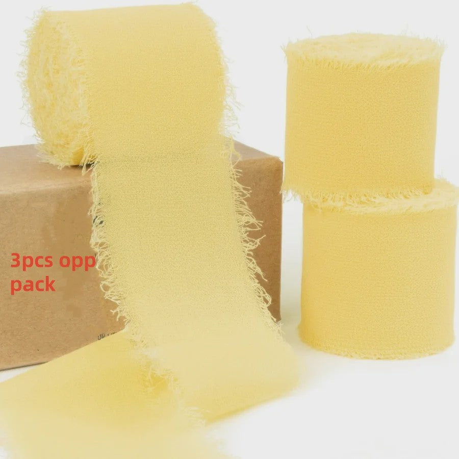 Handgemaakte Satijn Chiffon Lint Set - 3 Rollen van 5m met Rafeleffect voor Bruiloft, Cadeau & DIY Decoratie