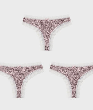 3-Pack Dames Slipjes met Kantrand - Low-Waist Thong & G-String in Luipaardprint en Effen Kleuren