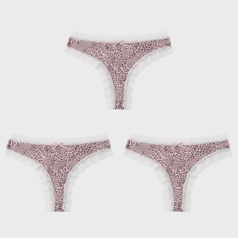 3-Pack Dames Slipjes met Kantrand - Low-Waist Thong & G-String in Luipaardprint en Effen Kleuren