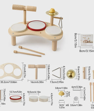 Houten Montessori Muziektafel voor Baby's & Kinderen - Xylofoon, Trommels & Windgong