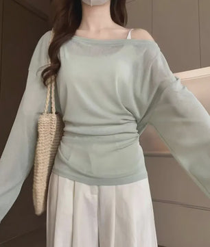 Dames Oversized T-shirt met Lange Mouwen en Off-Shoulder Design - Sexy Bandage Detail