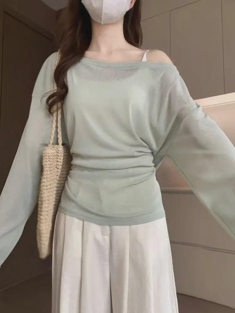 Dames Oversized T-shirt met Lange Mouwen en Off-Shoulder Design - Sexy Bandage Detail