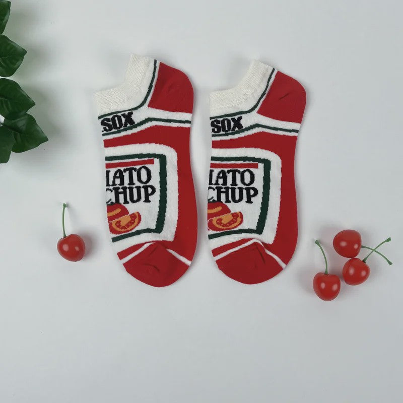 Grappige Sokken met Frietjes & Ketchup Print - Unisex Mid-Calf Sokken