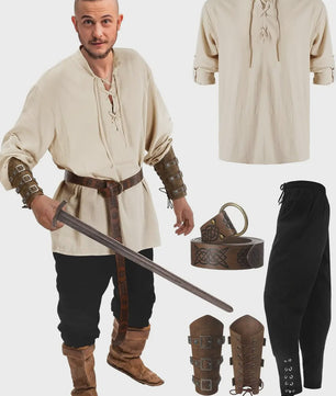 Herencostuum Middeleeuwse Piraat/Viking - Renaissance Set met Shirt, Broek, Riem & Armboeien