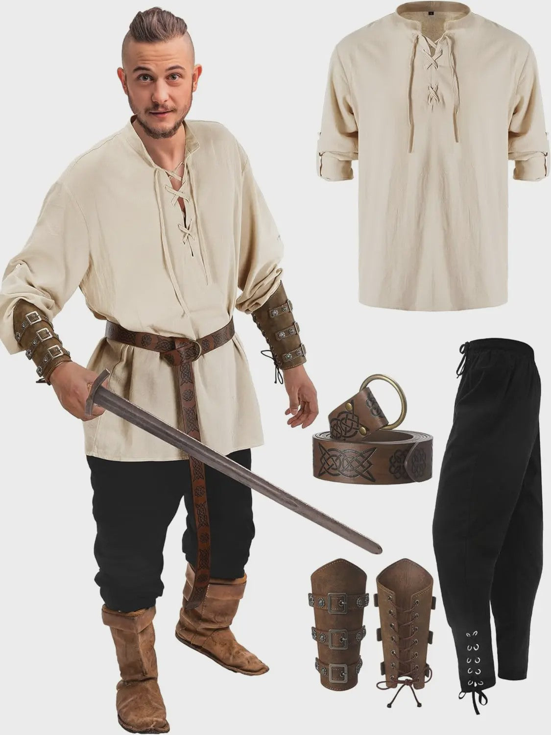 Herencostuum Middeleeuwse Piraat/Viking - Renaissance Set met Shirt, Broek, Riem & Armboeien