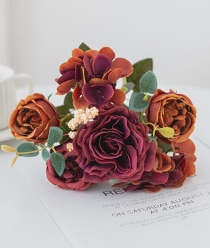 Retro Zijden Bloemenboeket: Vintage Rozen, Hortensia & Pioen voor Bruid & Decoratie