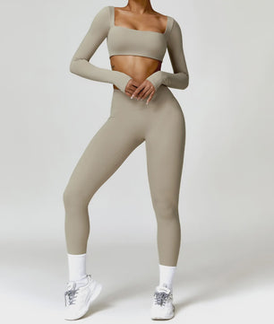 Dames Yoga Set 2-Delig: Sneldrogend Sportpak met Lange Mouwen Top en Hoge Taille Shorts