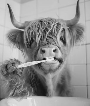 Grappige Poster Set: Zwart-Wit Dieren Poetsen Tanden - Canvas Kunst voor Woonkamer & Slaapkamer