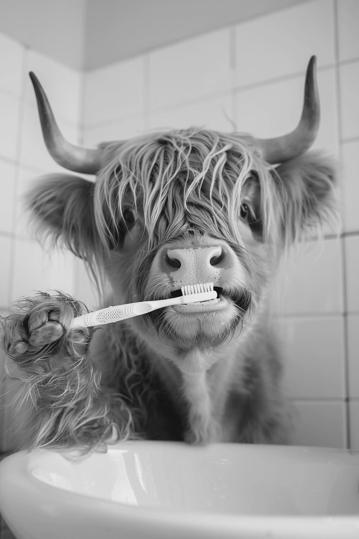 Grappige Poster Set: Zwart-Wit Dieren Poetsen Tanden - Canvas Kunst voor Woonkamer & Slaapkamer