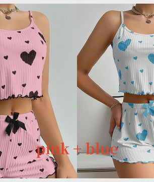 Dames Pyjama Set: 2-delig Tanktop & Shorts met Liefdesprint - Zacht & Ventilerend