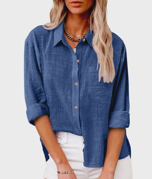 Dames Blouse met Lange Mouwen - Katoen Linnen Look