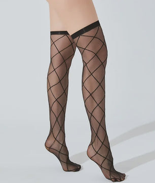 Ultra Dunne Kant Kousen tot Boven de Knie voor Plus Size Dames - Zwart & Wit