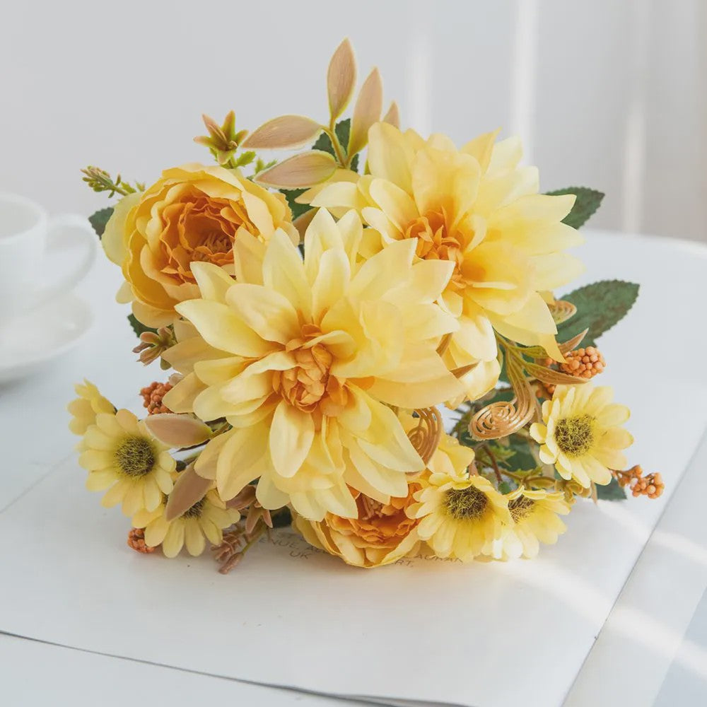 Kunstboeket Dahlia Rozen Madeliefjes - Zijde Bloemen voor Feestelijke Decoratie