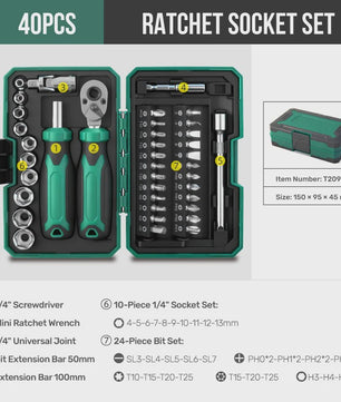 Hi-Spec 40-delige Ratel Socket Bit Set - 1/4" Drive Quick-Release, Cr-V Staal