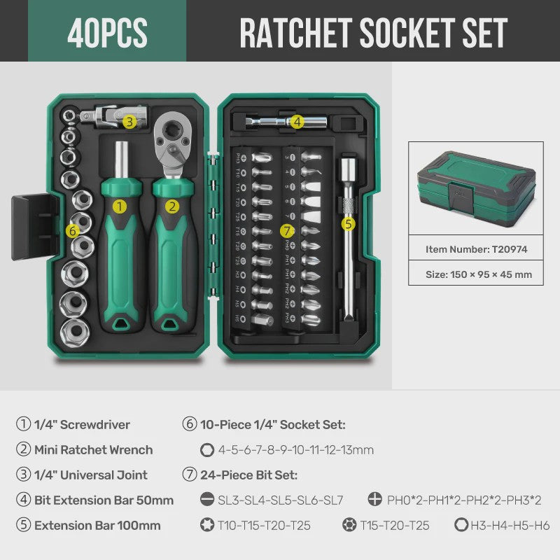 Hi-Spec 40-delige Ratel Socket Bit Set - 1/4" Drive Quick-Release, Cr-V Staal