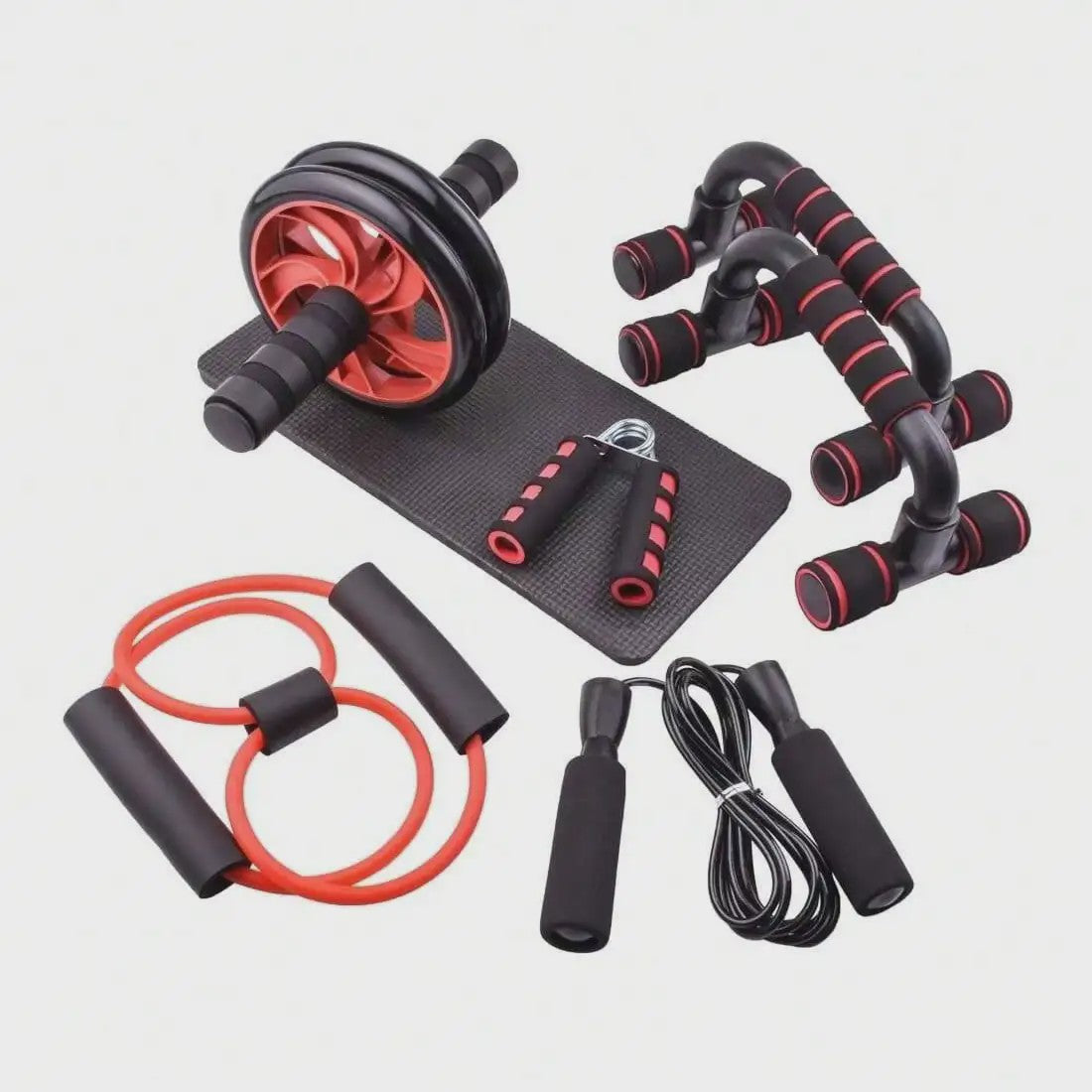 7-delige Home Workout Set: Springtouw, Handknijper, Push-up Bars & Buikroller