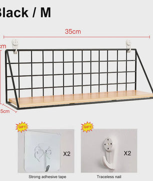 Draadmand Wandplank Set - Zonder Boren - Hout & Metaal - Decoratief & Opbergrek