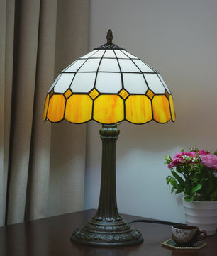 Vintage Gebrandschilderd Glas Tafellamp - Pauwstaart Stijl