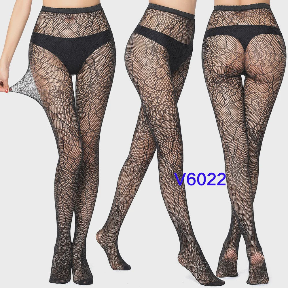 Dames Visnet Panty's met Jacquard Weefsel - Gothic Kant & Spider Net Stijl