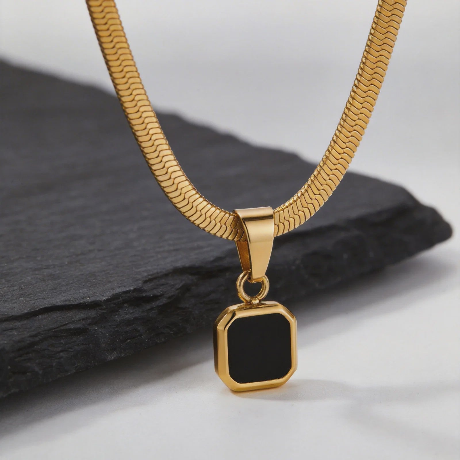 Vnox Heren Ketting met Geometrische Vierkante Natuursteen Hanger - Goud/Zilver Kleur Roestvrij Staal Blade Ketting