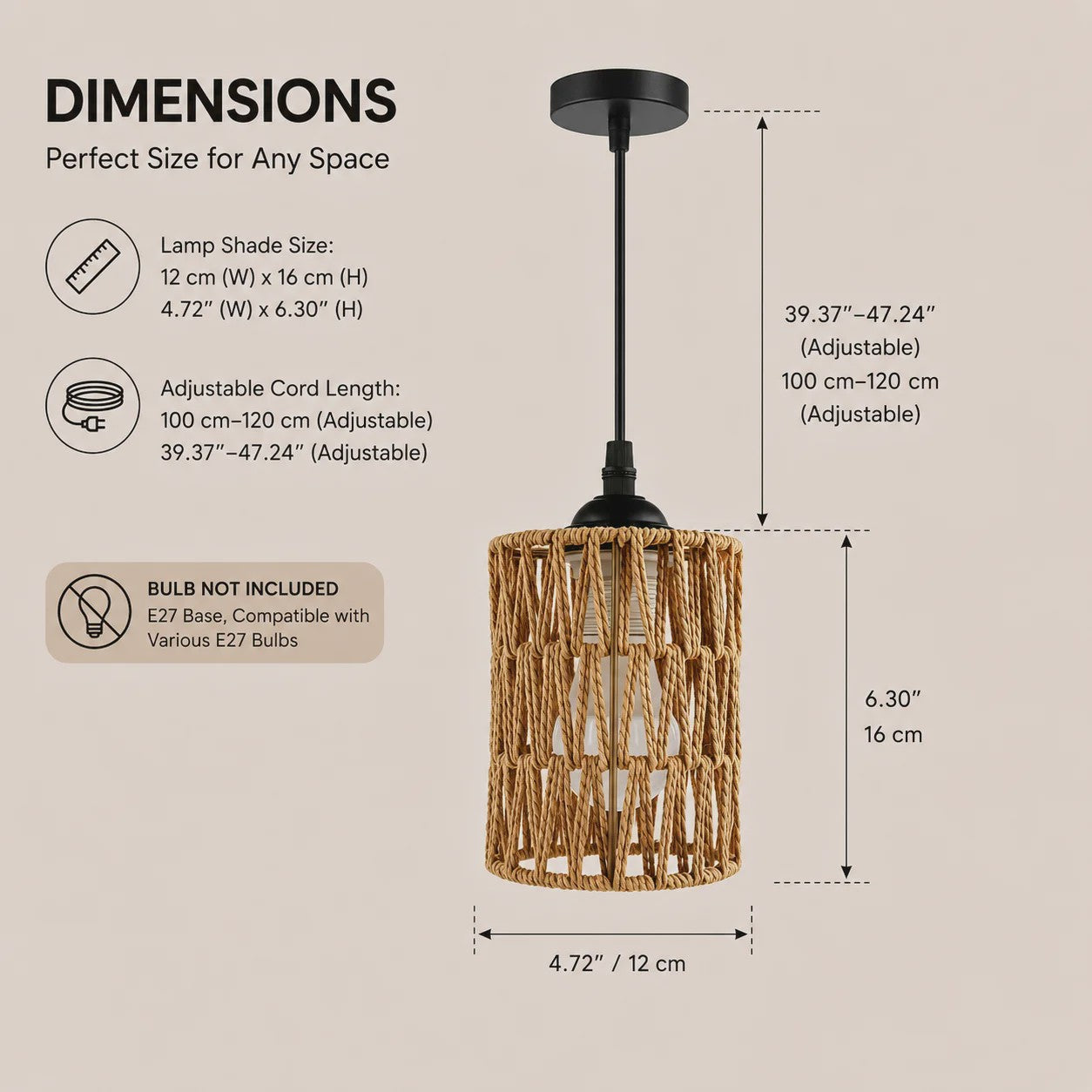 Hanglamp Gevlochten Hennep Touw met E27 Fitting - 1.2m Verstelbaar - Sfeervolle Decoratie