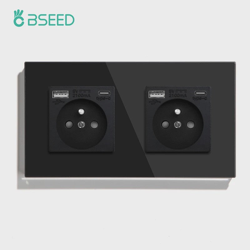 BSEED Wandcontactdoos met Dubbele USB & Type-C Poorten - Stijlvol Glazen Frame