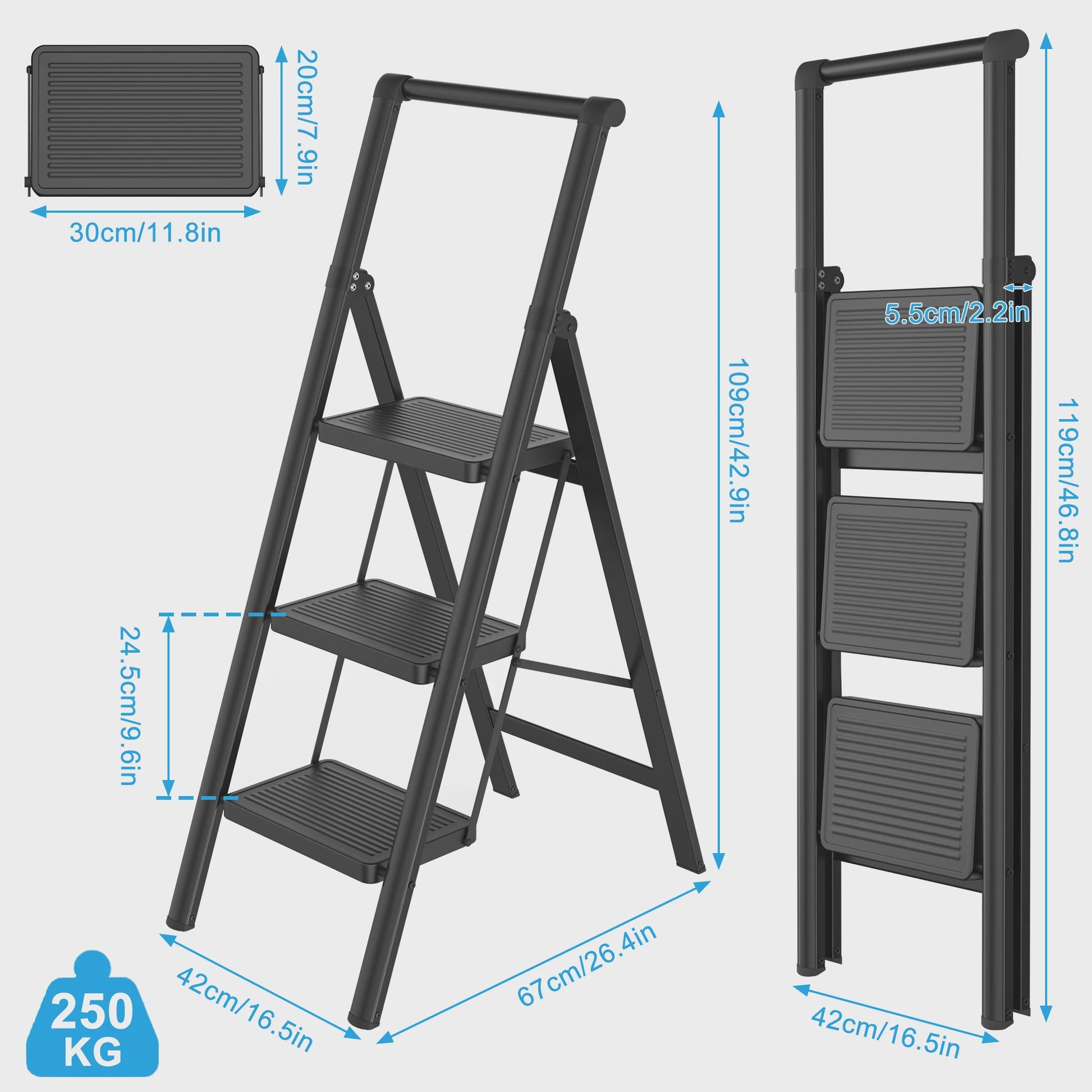 Opvouwbare Steekladder met Optionele Handgreep - 2/3/4 Treden, 250kg Belastbaar