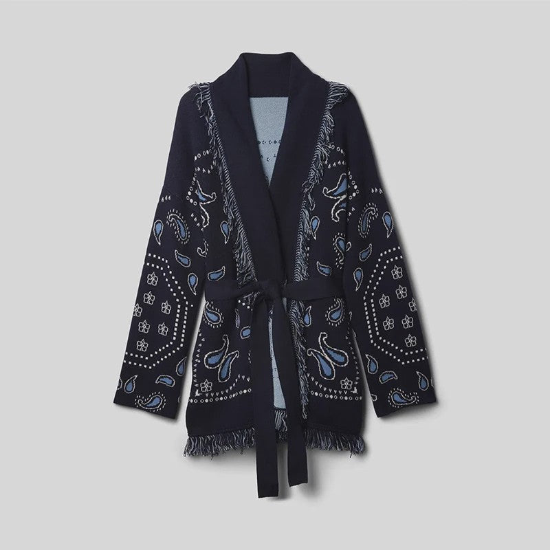 Gebreide Dames Cardigan met Patchwork Print, V-hals en Franjes - Stijlvolle Herfstjas