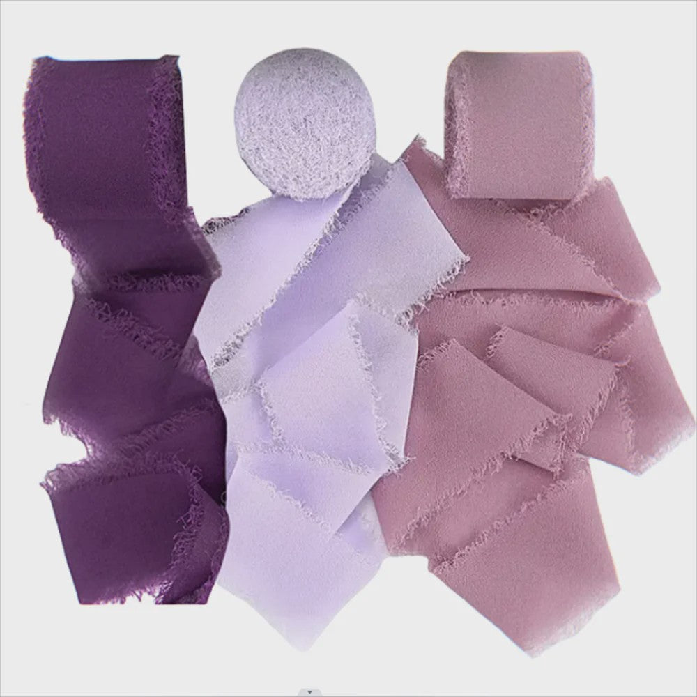 Handgemaakte Satijn Chiffon Lint Set - 3 Rollen van 5m met Rafeleffect voor Bruiloft, Cadeau & DIY Decoratie