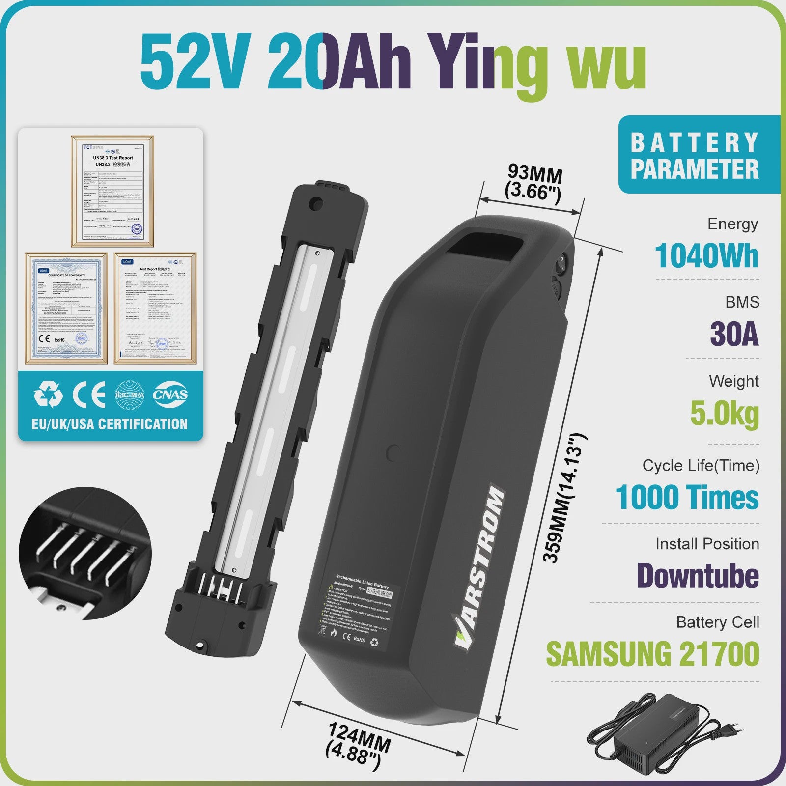 Varstrom E-bike Batterij 36V/48V/52V - Krachtige Lithium Accu met 40A BMS & Lange Levensduur