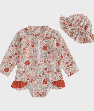 Zomerse Baby Meisjes Zwempak met Bloemenprint, Lange Mouwen en Ruches