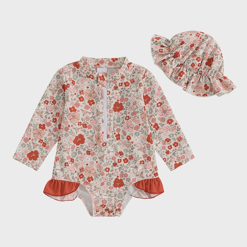 Zomerse Baby Meisjes Zwempak met Bloemenprint, Lange Mouwen en Ruches
